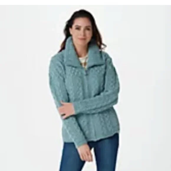 Aran Crafts mermaid Blue Cable Knit Cardigan 100% merino wool sz medium Ireland - Picture 2 of 9